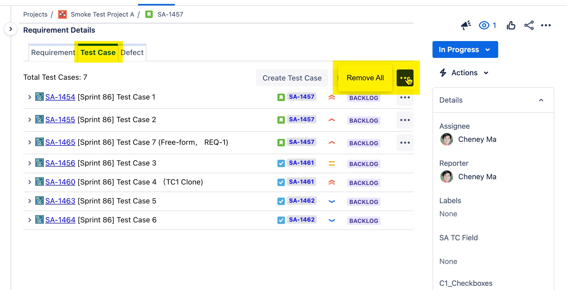 Remove All Test Cases from Requirement Issue: TestRay for Jira Cloud